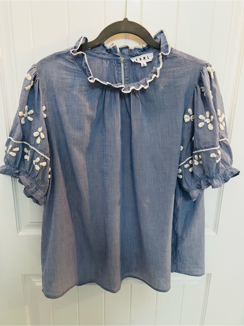 THML Blue & White Pinstripe Embroidered Floral Sleeve Cotton Top | Size L - Picture 2 of 8